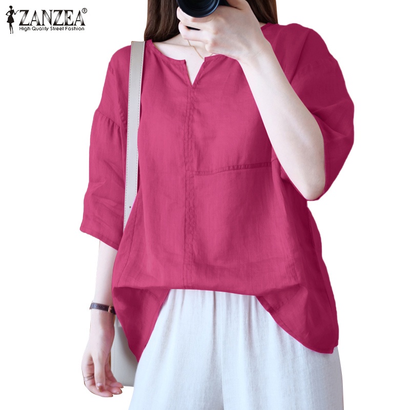 ZANZEA Women Casual Half Sleeve O-Neck Cotton Solid Color Loose Blouse