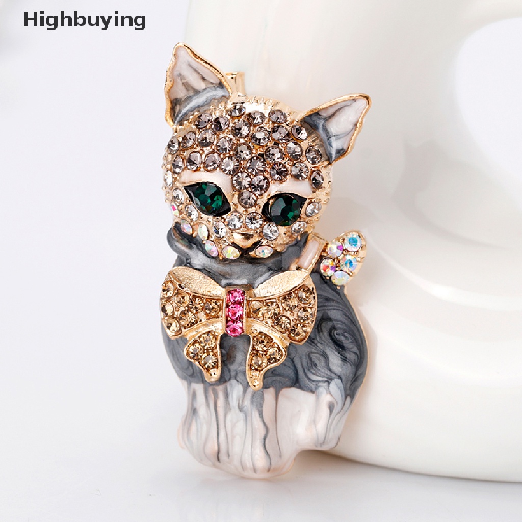 Hbid Bros Pin Enamel Desain Kartun Kucing Mata Hijau Hias Kristal Untuk Aksesoris Tas / Hadiah