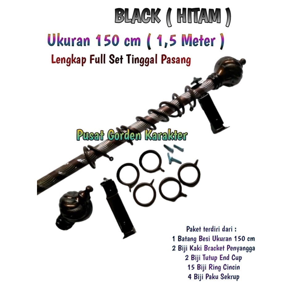 Besi Gorden Jendela Minimalis ukuran 150 cm batang gorden Rollet Crystal Hitam tiang gorden murah