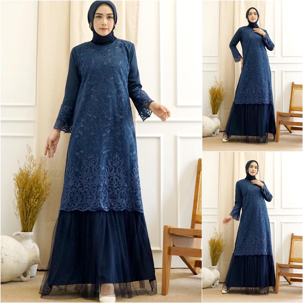 GAMIS NAZWA MAXI PESTA BRUKAT TILLE / GAMIS BROKAT TILE / GAMIS KONDANGAN / GAMIS LEBARAN / MAXI DRESS MUSLIM / FASHION MUSLIM / LONGDRESS BRUKAT TULLE / GAMIS SIZE M L XL!!!!!