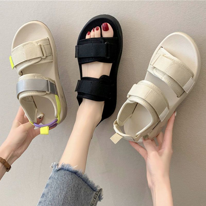 [littlecrab] Sandal Gunung Hitam Putih Neon Sandal Wanita Berkualitas Hak Tinggi Sandal Tali Selop Kasual Kekinian Korean Style