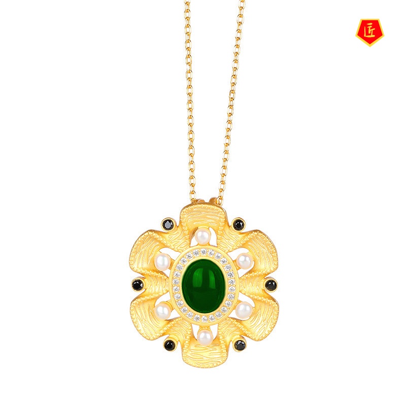 [Ready Stock]Inlaid White Jade Necklace Baroque Palace Style High-End Pendant