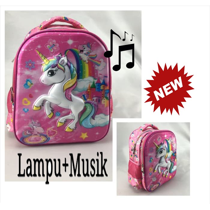 Promo RANDOM Tas Anak Ransel TK / SD LAMPU + MUSIK Gambar Anak Cewek Lengkap 5D Timbul Import