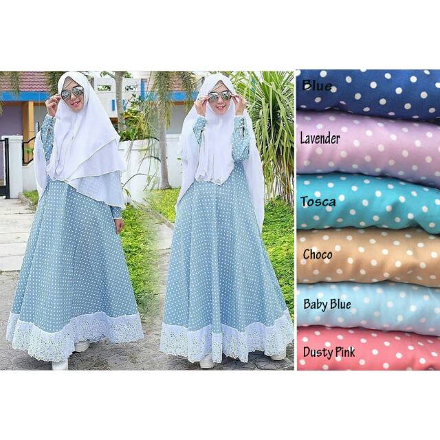 Gamis Syari Irene polkaKatun denim kombi renda impor, tanpa khimar