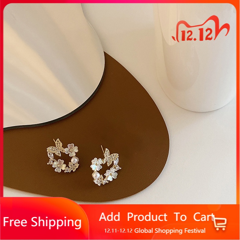 2Pcs Korea Bunga Anting,Mutiara Perak Jarum Kupu-kupu,Perhiasan Fashion Wanita