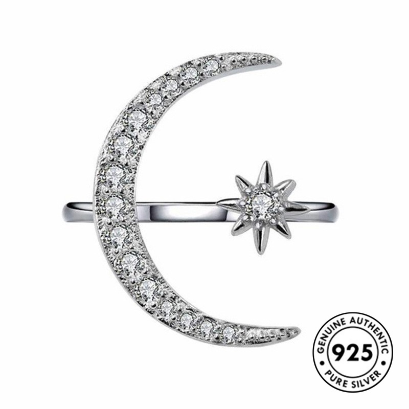 Cincin Desain Bulan Bintang Bahan S925 Silver Gaya Elegan