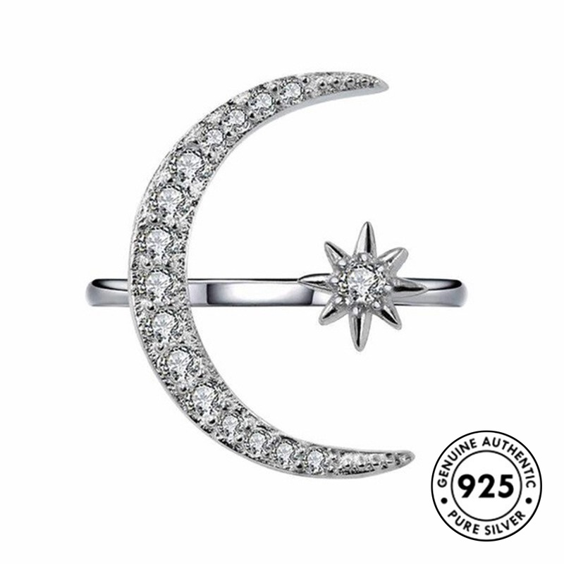 Cincin Silver S925 Bentuk Bulan Bintang Gaya Elegan Untuk Wanita