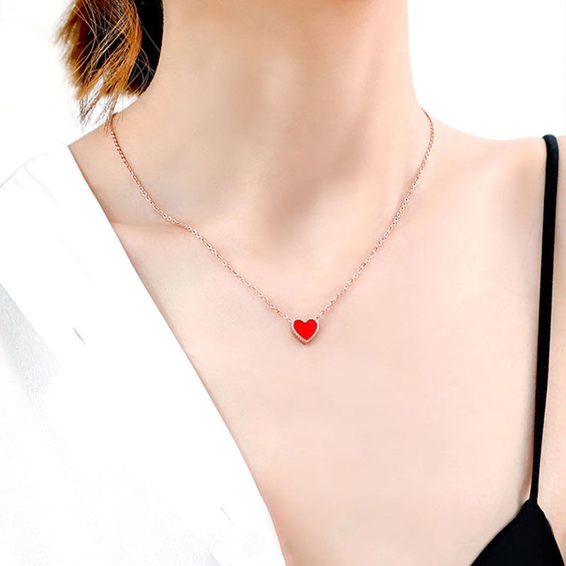 kalung titanium anti karat Wanita Hitam Merah Dua Sisi simple Hati Liontin necklace Aksesoris Korea