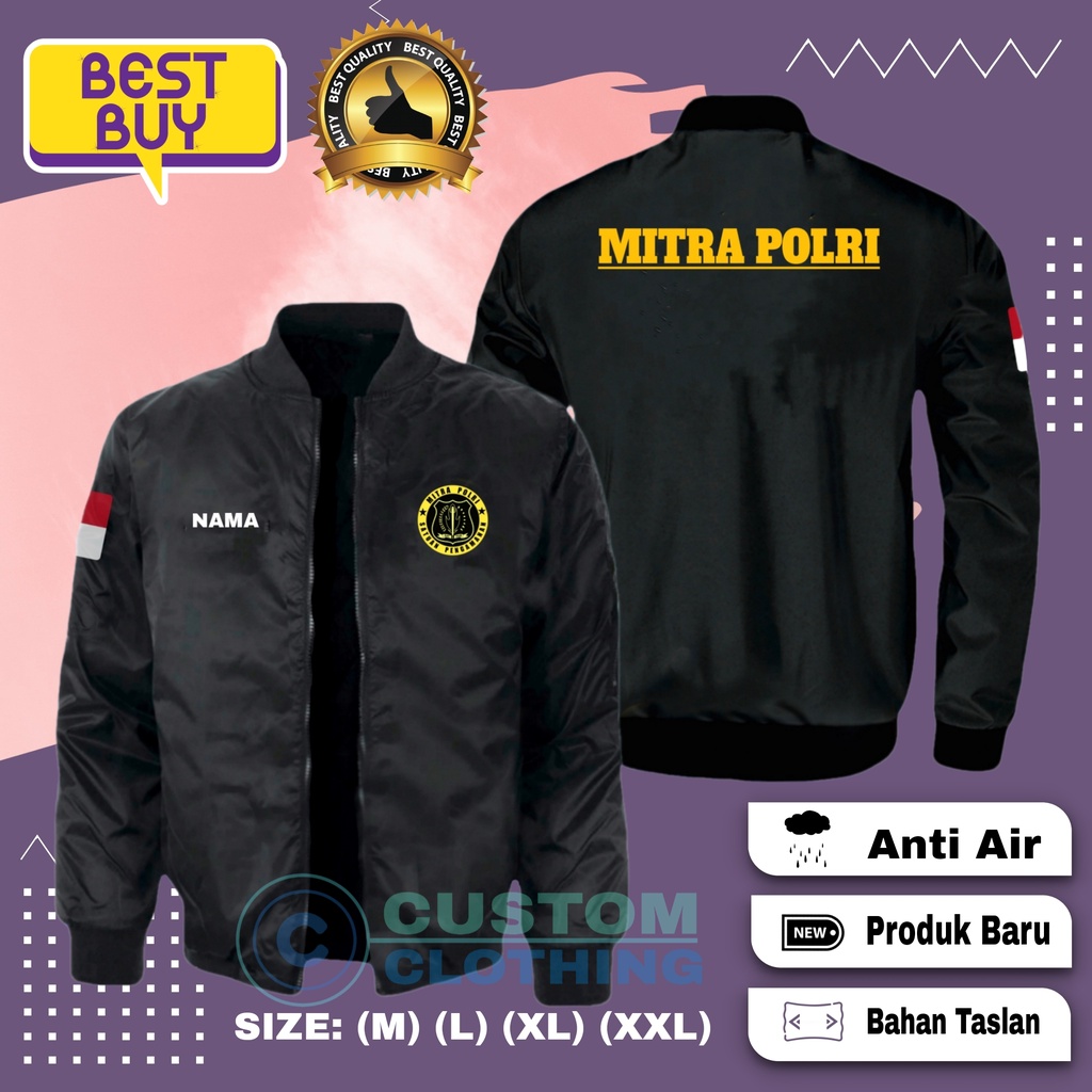 Jaket Bomber Mitra Polri Hitam Waterproof Premium Custom Nama Dan Logo