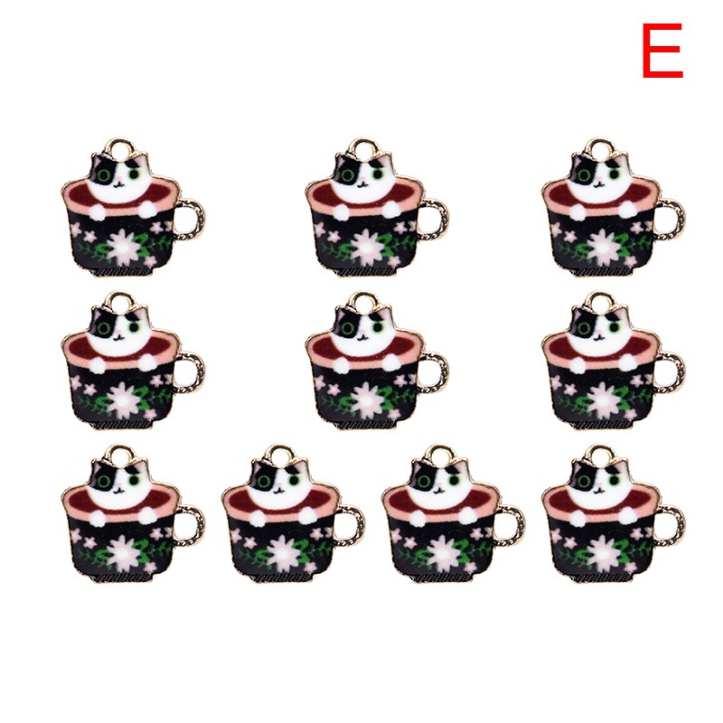 Hbid Glory 10Pcs / Set Liontin Enamel Alloy Bentuk Kucing / Cangkir Teh Untuk DIY Perhiasan / Craft