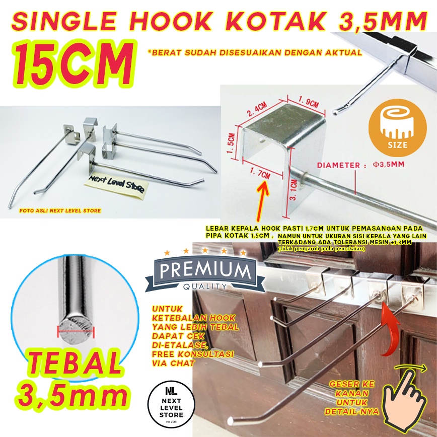 Single Hook Kotak Stainless 15 cm 15cm Cantolan Besi Tebal 3,5mm 3mm Ram Rak - LINK GROSIR