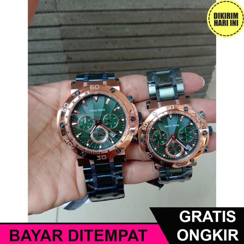 (BAYAR DITEMPAT) OE4505 JAM TANGAN CHRIST VERRA CV52283-1514 COUPLE ROSEGOLD GREEN ORIGINAL