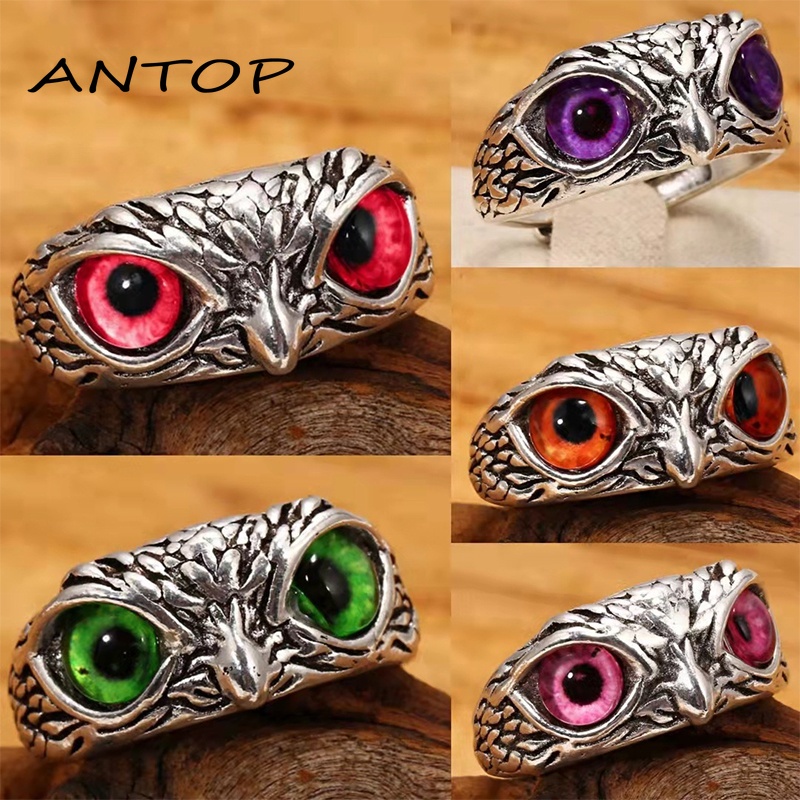 Vintage Style Burung Hantu Kristal Cincin Perak Hewan Pria Wanita Perhiasan Fashion Punk Crystal Rings ANTOP