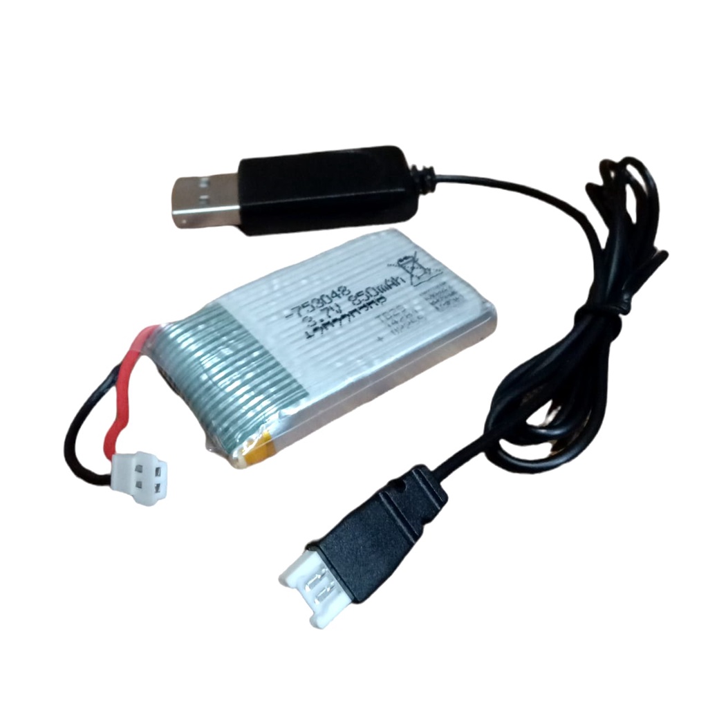 Paket Kabel USB + Baterai Remot Control DRONE LIPO 850mAh 3.7V Konektor JST LOSI