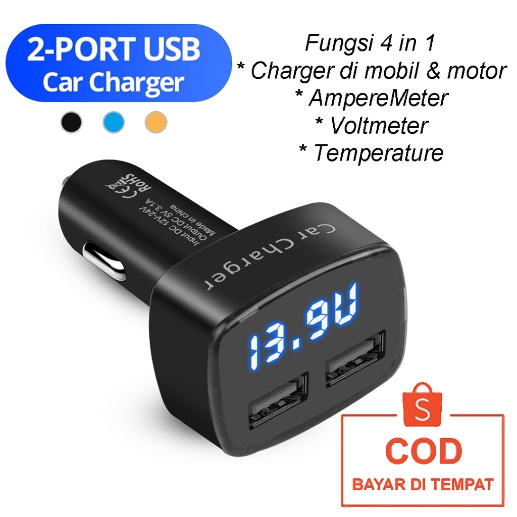 ✅COD Charger Mobil 4 In 1 Dual USB Display LED Voltase DC 5V 3.1A / 4in1 Car Charger Motor Matic Original