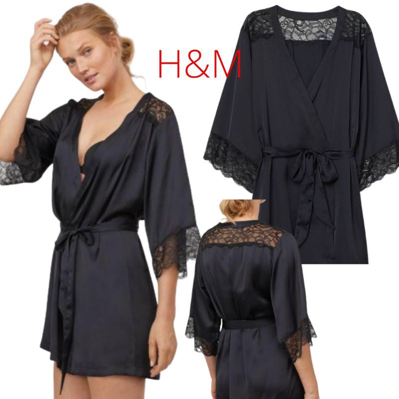 HnM  HM branded original kimono satin black and pink lace