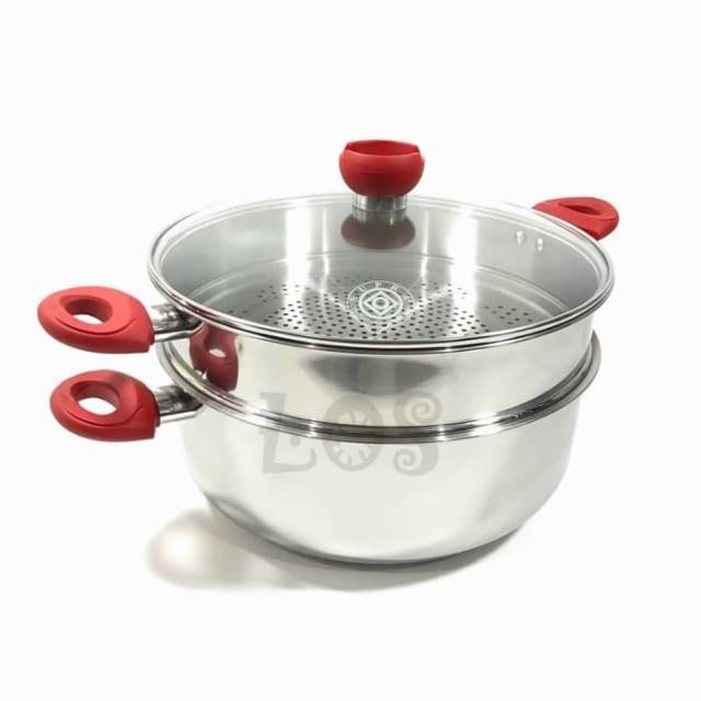 Panci kukus serbaguna Supra 32cm susun 2 stainless steel gagang merah via Gojek Pekanbaru
