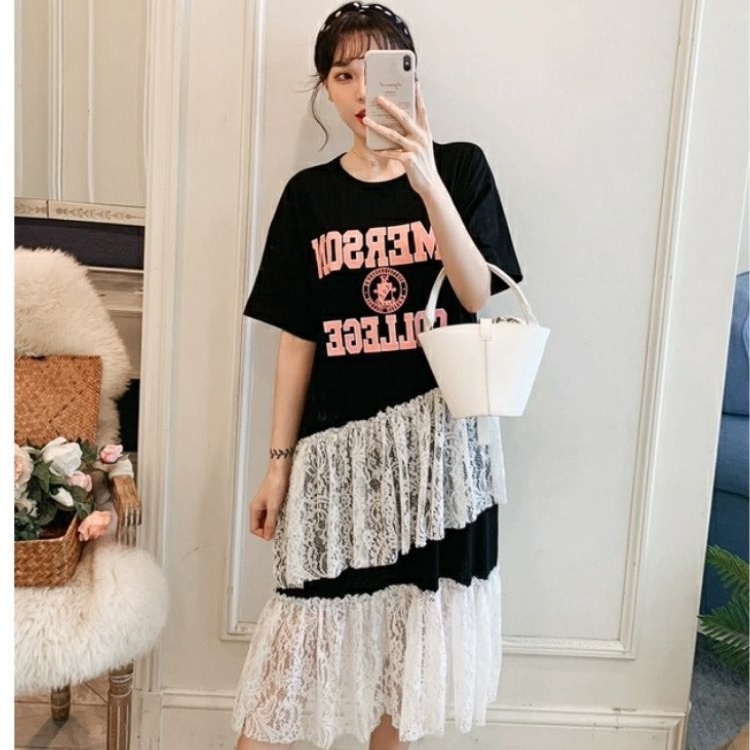 86282 Baju Pakaian  Dress kaos renda rempel brukat putih style Korea import wanita terbaru  Baju fas