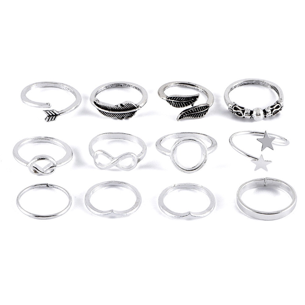 12 Buah/Set Cincin Perak Kuno Gaya Bohemian | untuk Hadiah Perhiasan Pasangan Pesta Wanita