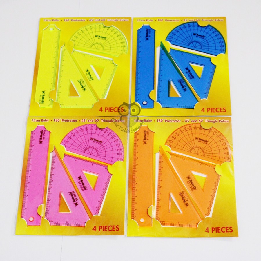 

penggaris satu set butterfly/ penggaris murah/ penggaris warna-warrni/ penggaris isi 4 buah/ penggaris sekolah/ penggaris kantor
