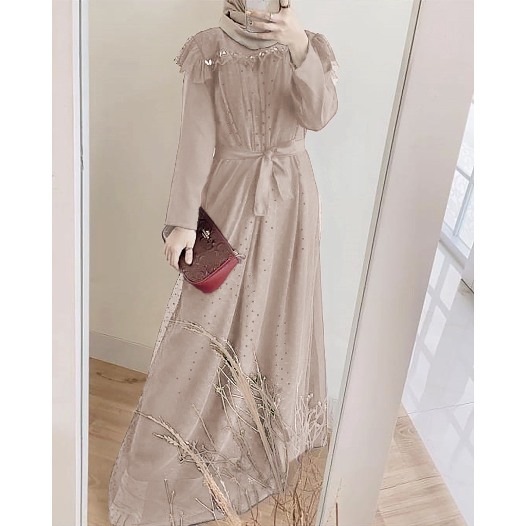 Baju Gamis Wanita Original Maxi Jumbo Alishka Matt Tile Dot Keliling Mix Moscrepe Gaun Pesta Wanita