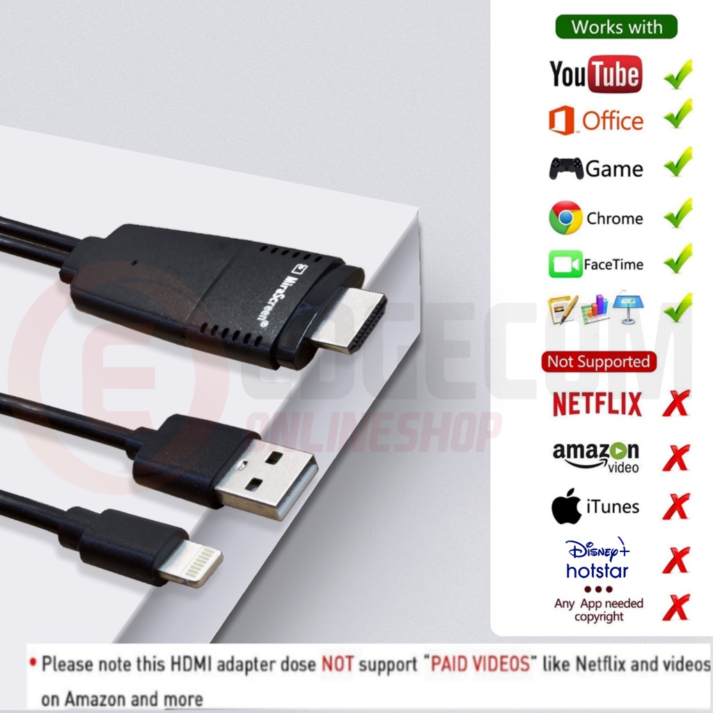 mirascreen kabel lightning to HDTV. iPhone to TV