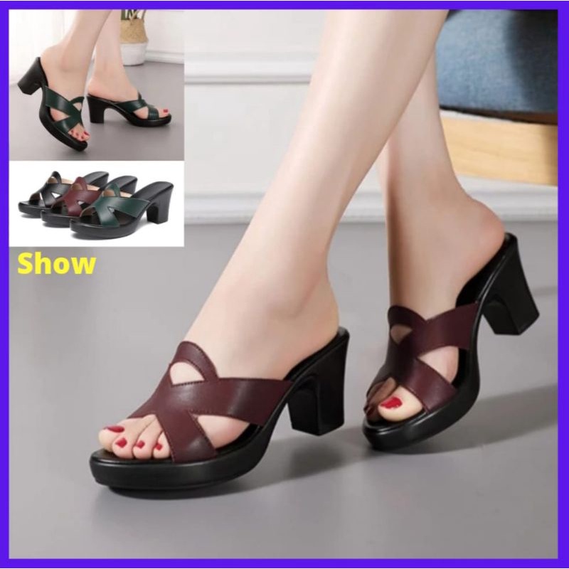 Sepatu heels tumit modern gaya Korea kulit sapi asli (Show)