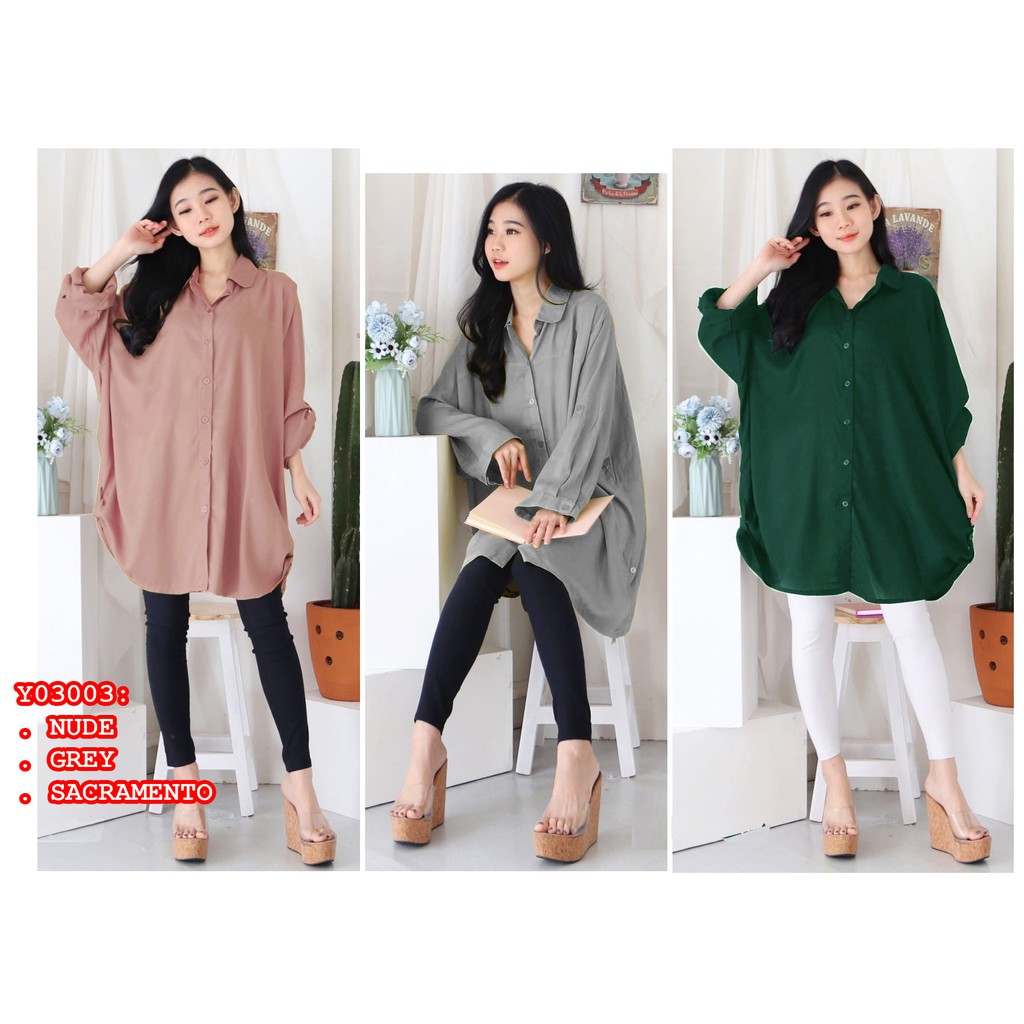 LD 150-160 6XL-7XL Tops Kemeja Atasan Katun Rayon Polos Big Size Jumbo Wanita Murah Kekinian Lengan 