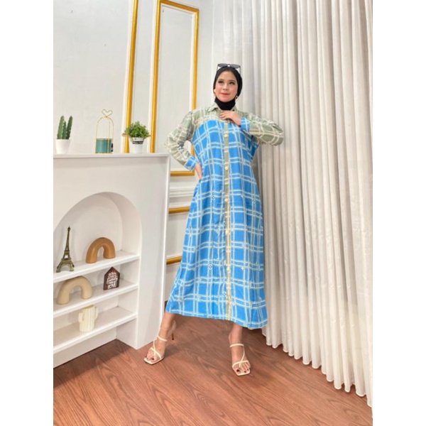 DRESS PANJANG MOTIF KOTAK BAJU VIRAL MIDI DRESS RAYON KANCING DEPAN