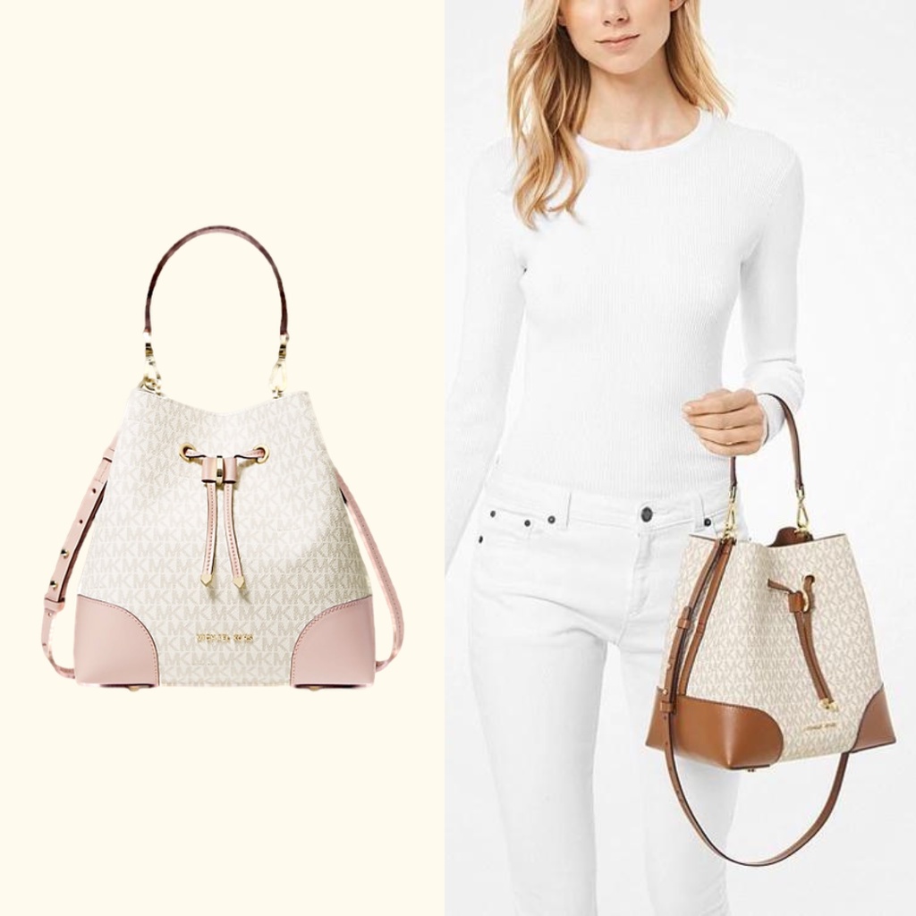 Michael Kors Mercer Bucket Bag Logo Medium/MK Shoulder Bag/MK Woman Bag - White Pink