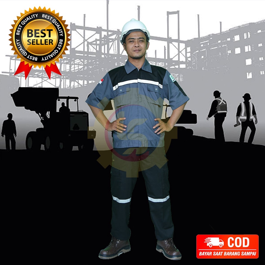 WEARPACK ATASAN ABU TUA KOMBINASI HITAM RESLETING/WEARPACK LENGAN PENDEK/KEMEJA SAFETY