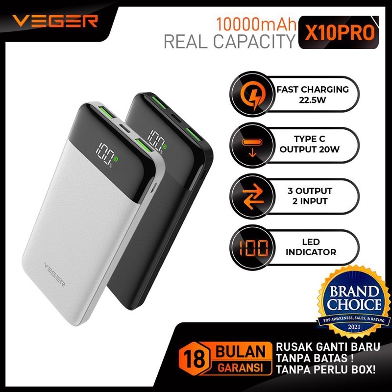 veger powerbank X10 pro 10000mah 2usd led digital display