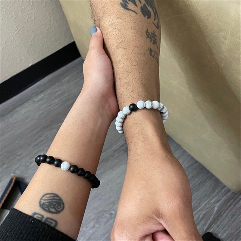 2 Buah,Gelang Couple Tangan,Pasangan Batu Alam,Klasik Putih Hitam,Manik-manik,Perhiasan Pria Dan Tangan,Gelang Wanita