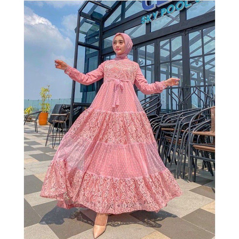 GAMIS BRUKAT KOMBINASI/GAMIS BROKAT BUSUI/Gamis Brukat Syari Glitter Nadhira Dress JUMBO Tulle Dotti