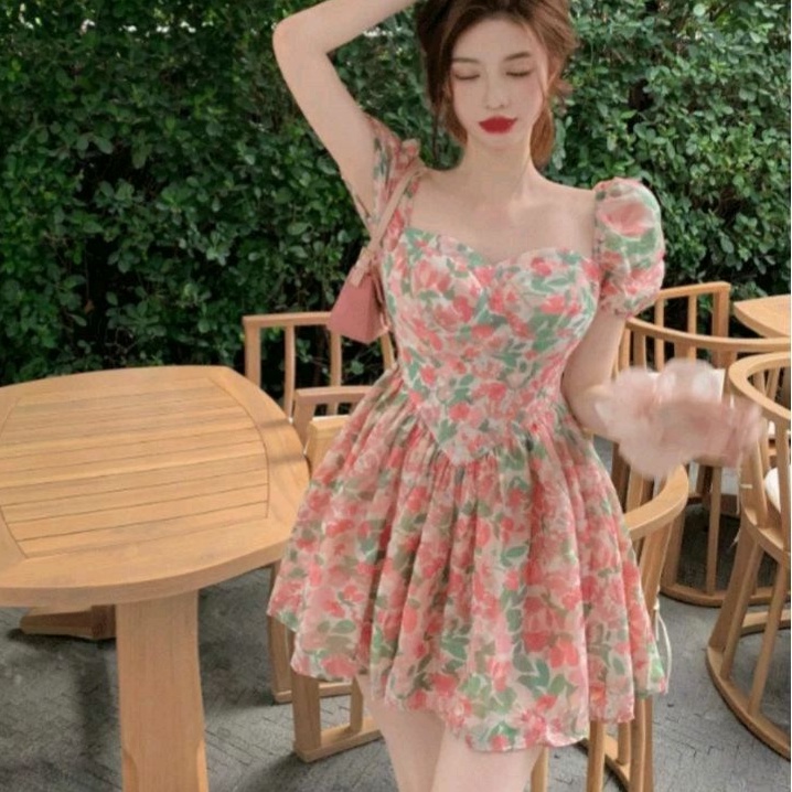 6601 Baju mini dress gaun pesta pendek motif bunga flower Korean style wanita import baju minidress 