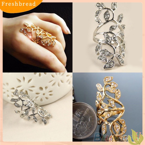 Fresh| Cincin Knuckle Desain Daun Hollow Hias Berlian Imitasi Berkilau Untuk Wanita