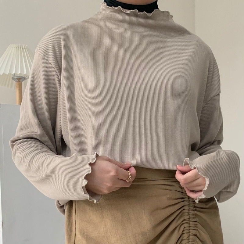 turtleneck kriwil / atasan kerah tinggi rajut wanita / bajut rajut kriwil / turtleneck rib kriwil / curly tangan panjang / turtleneck neci