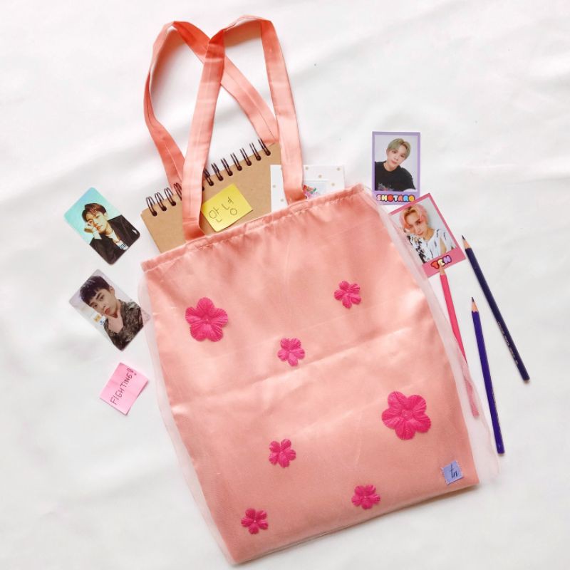 Totebag Satin Handmade Bunga Lucu Glossy Murah Kualitas Bagus High Quality | TN For You Galosa Pink