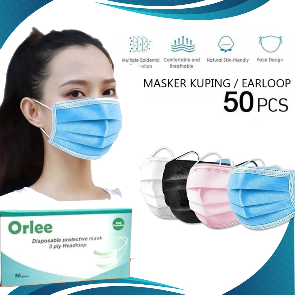 Masker Orlee Earloop 3ply Cantol Disposable Mask Isi 50 Pcs