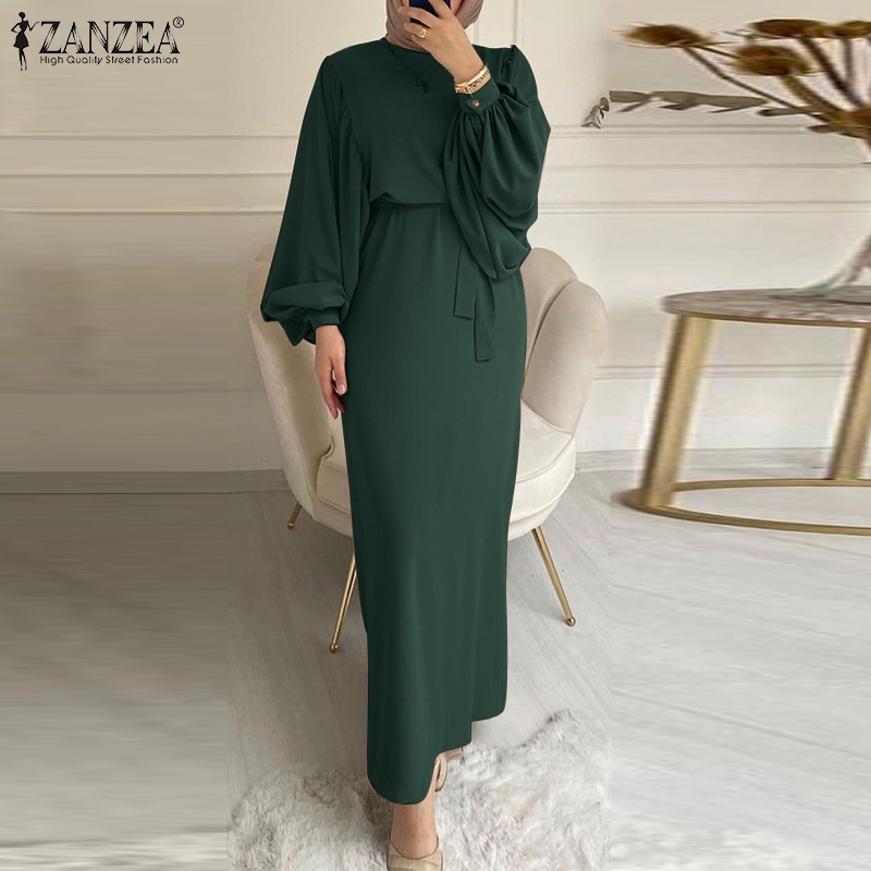 ZANZEA Women Vintage Lace-up Solid Puff Sleeve O Neck Muslim Long Dress