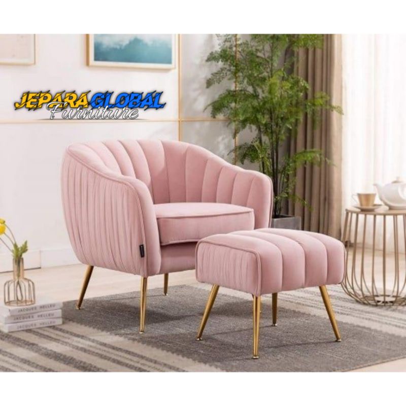 kursi sofa single stainless + puff pink salem ( sofa santai,kursi teras,kursi tamu retro,kursi new)