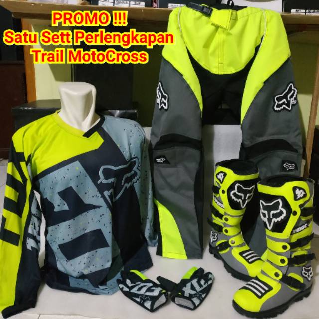 sepatu cross trail satu sett perlengkapan offroad jersey BISA PAKAI NAMA &amp; NOMOR sett celana sarung tangan glove bots trabas adventure