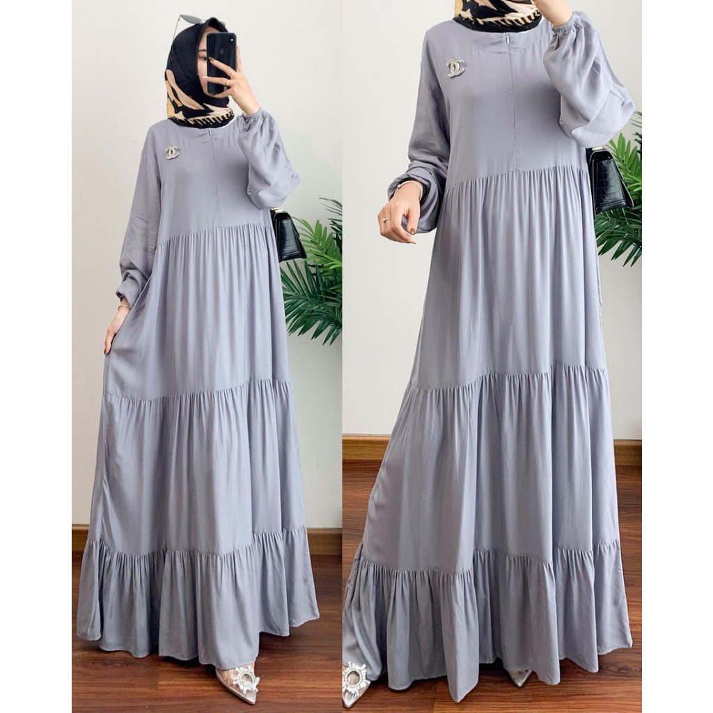 Elmeera Midi Dress Wanita Muslim Remaja Busui Friendly Jumbo Polos Bahan Rayon Uniqlo Premium Ld 114 cm /Gamis Wanita Terbaru 2021