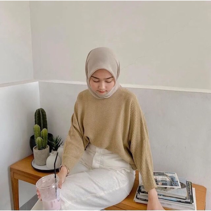 Atasan Blouse Wanita Premium / Lasperal Batwing Rajut Premium / Baju Rajut Wanita / Baju Rajut Batwing / Batwing Rajut Premium / Rajut Kalongo-Cream Mocca