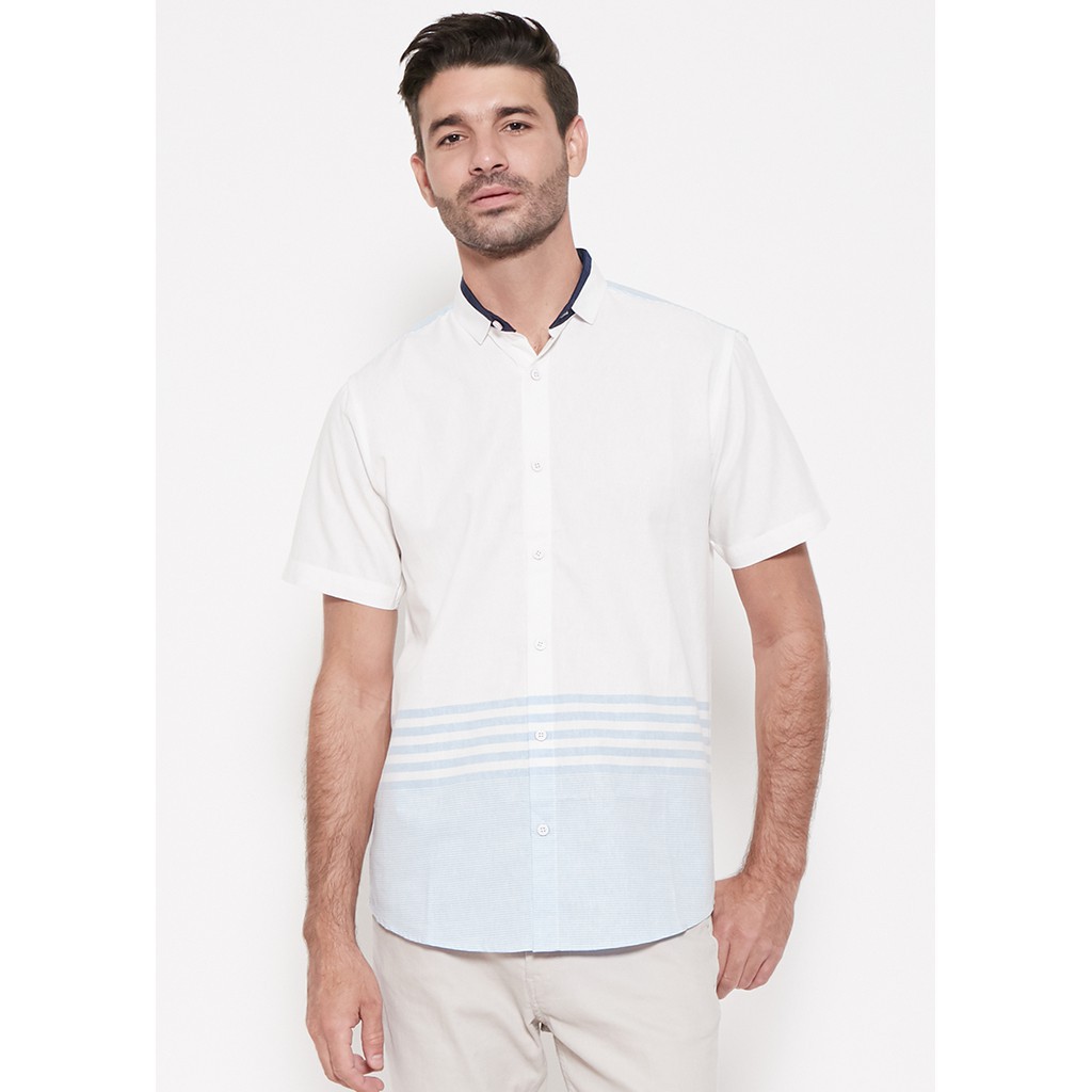 GTS Kemeja Pria Salur Stripe Pendek Warna Putih Biru 0989