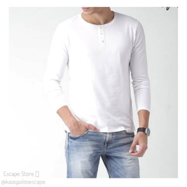 Kaos Henley Kancing Polos LENGAN PANJANG - PUTIH