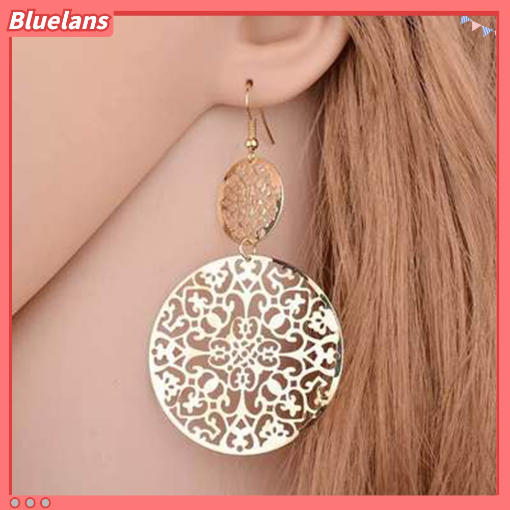 Anting Kait Panjang Bentuk Bulat Motif Ukir Bunga Hollow Gaya Vintage Untuk Wanita