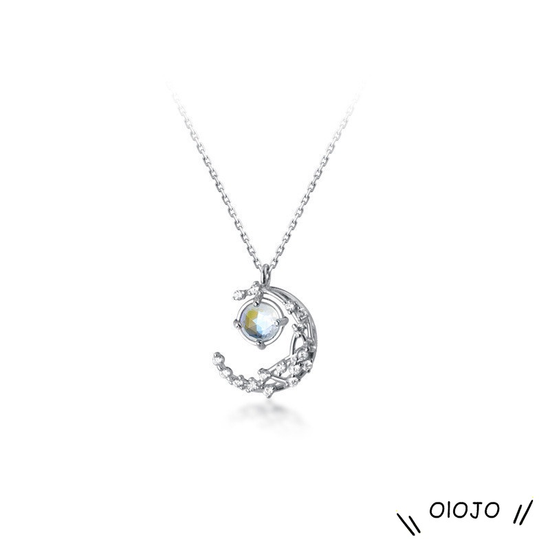 Moon Diamond Moonstone Necklace Desain Sederhana Kalung Mewah Ringan - ol