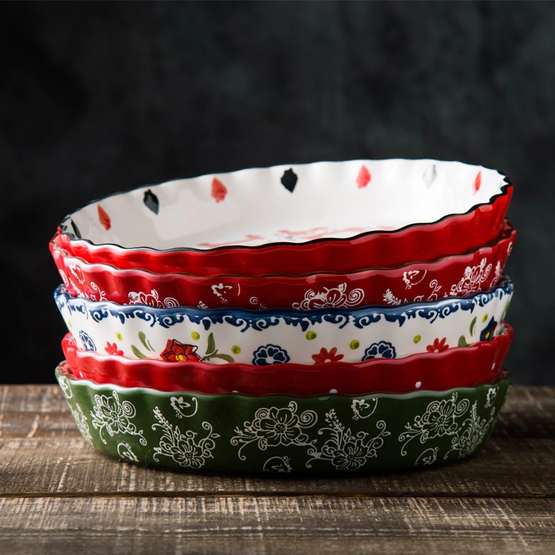 Underglaze Color Technology 10-Inch Deep Plate Pizza Plate Round Ceramic Dish Household Wavy lace