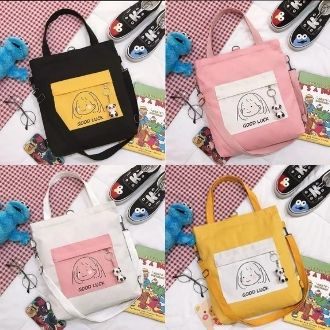 Twenty Bag - Tas Tote Bag Wanita Resleting Terbaru 2022 Aesthetic Kekinian Motif Carakter GOOD LUCK Korea Style Multifungsi Bisa DI Ransel